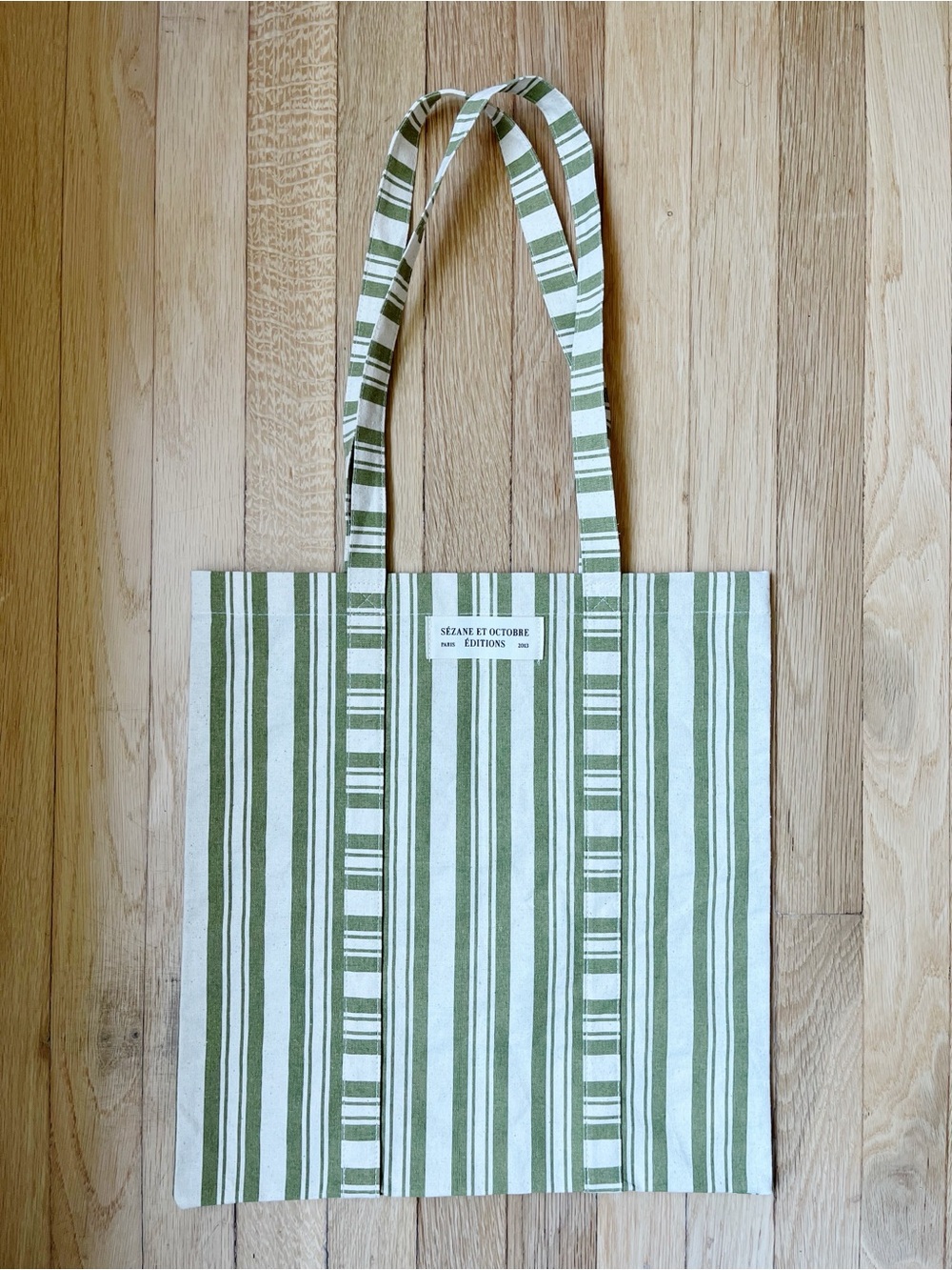 Sezane Green and Cream Striped Canvas Tote